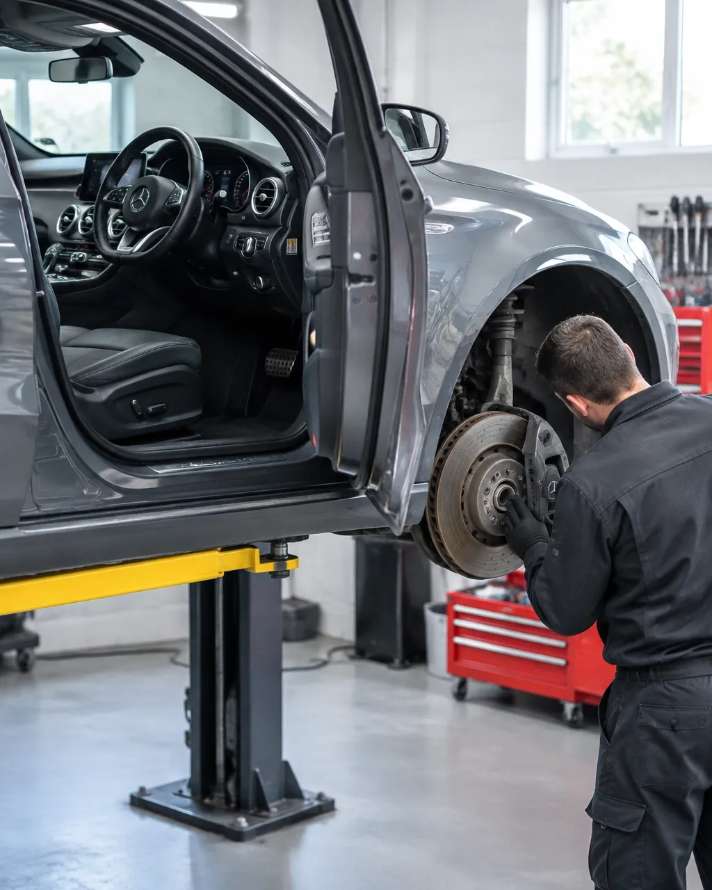 Right-hand-drive Mercedes with its driver's door open, being inspected on a workshop lift