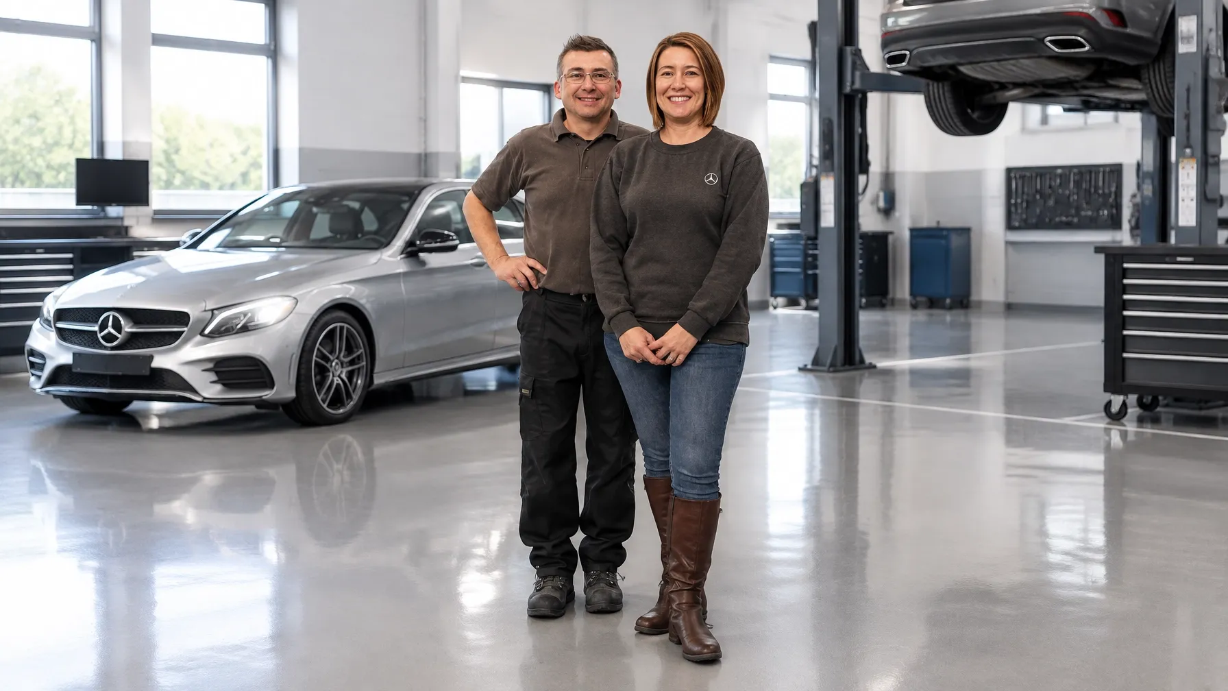 Kevin and Becky standing with a silver Mercedes in their clean workshop