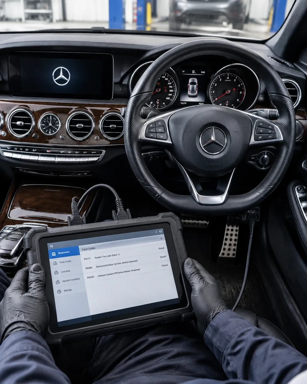 Right-hand-drive Mercedes dashboard with a diagnostic tablet