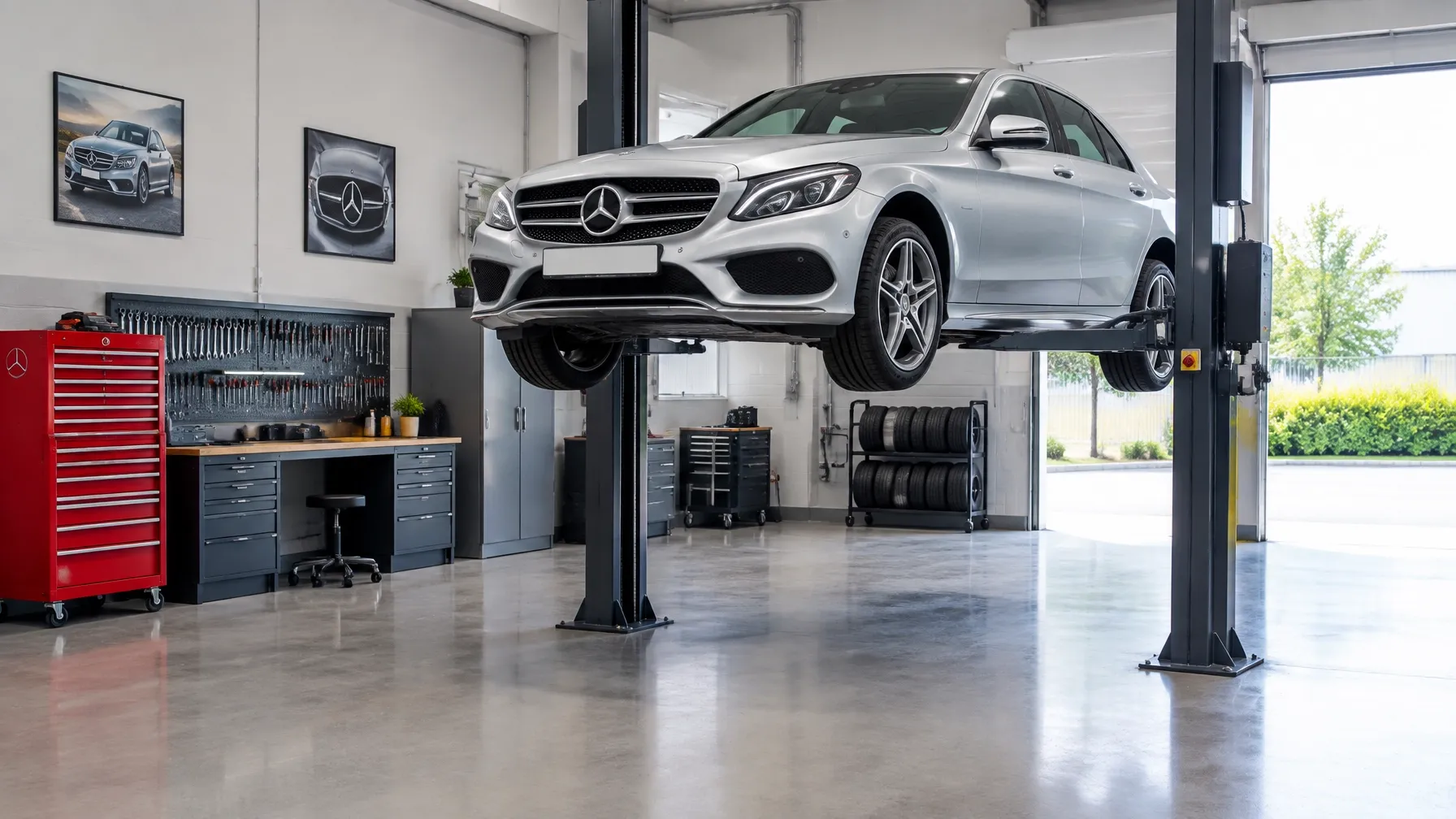 Silver Mercedes-Benz saloon raised on a two-post lift in the workshop